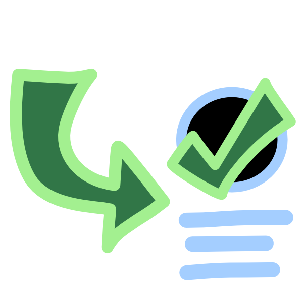 A curved green arrow points to the right at a blue outlined circle with a green checkmark on it. Below the circle are 3 blue lines stacked vertically. The image has light line art.